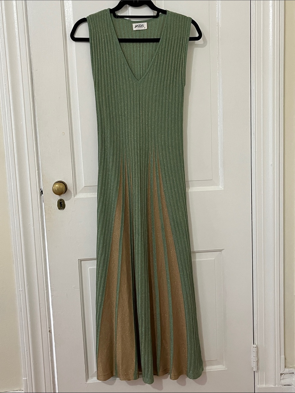 Aggel Sleeveless V-Neck Maxi Dress in Sage & Gold  with Lurex threads